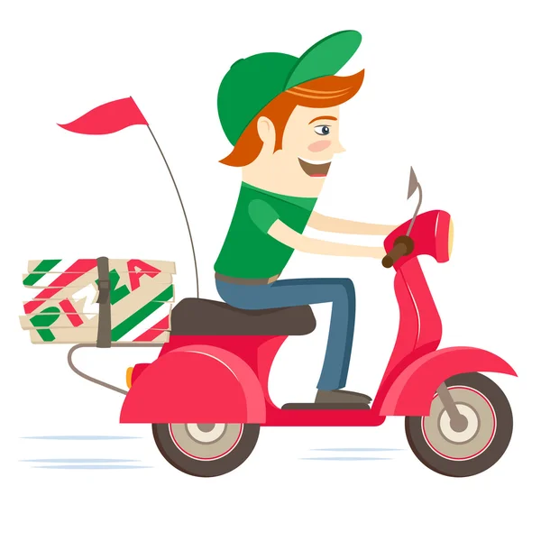 Funny pizza delivery boy montar en bicicleta roja con uniforme a — Vector de stock