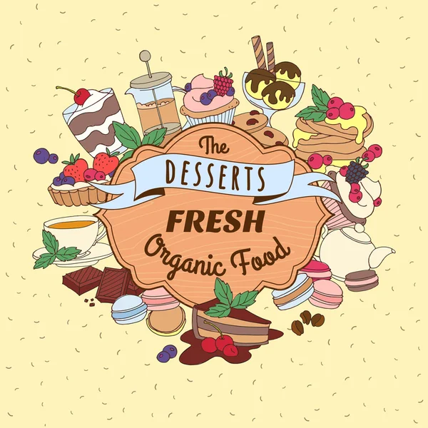 Doodle Vintage Desserts Rahmen. Kuchen, Eis und Beeren mit — Stockvektor
