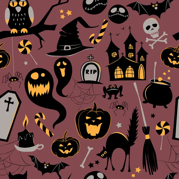 Patrón sin costuras de Vintage Happy Halloween iconos planos. Hola. — Vector de stock