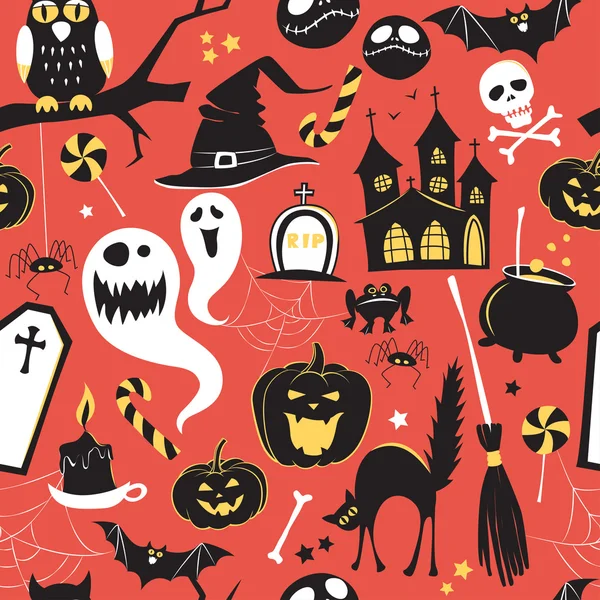 Nahtlose Muster von Vintage Happy Halloween flache Ikonen. heilig — Stockvektor