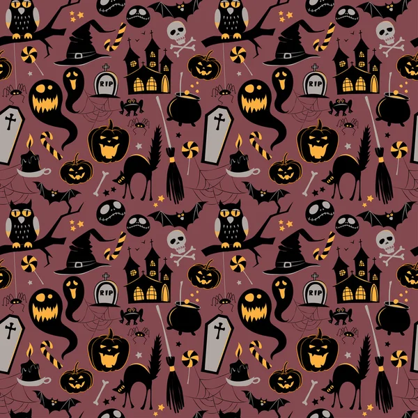 Patrón sin costuras de Vintage Happy Halloween iconos planos. Hola. — Vector de stock