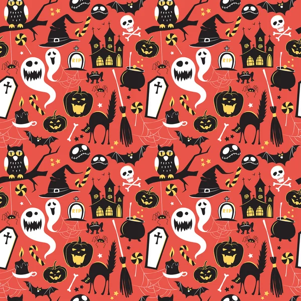 Modello senza cuciture di icone piatte Vintage Happy Halloween. Hallowe — Vettoriale Stock