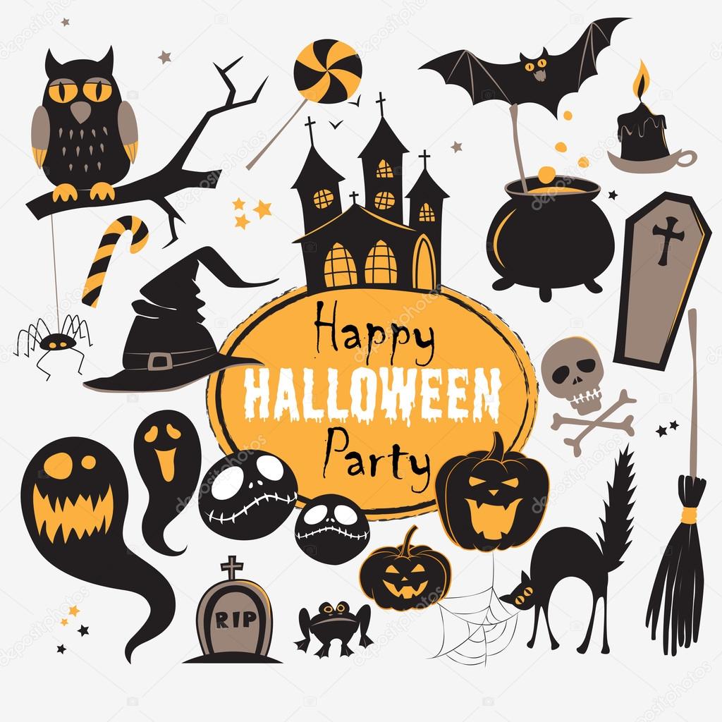 Set Of Vintage Happy Halloween flat  icons. Halloween Scrapbook Elements. Vector illustration. Cute Halloween Characters.
