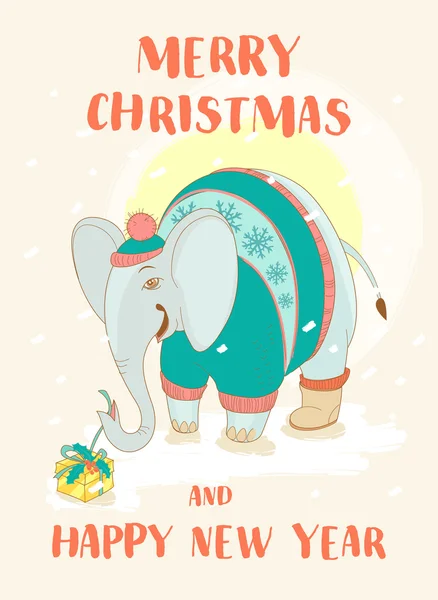 Funny Merry tarjeta de Navidad con elefante con suéter lindo y — Archivo Imágenes Vectoriales