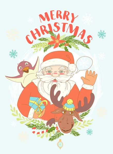 Funny Merry Christmas card with Santa Claus holding gift box, pe — Stock Vector