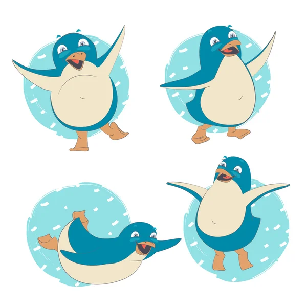 踊り、ジャンプ、スライド、手を振っているペンギン キャラクターの面白いセット — ストックベクタ