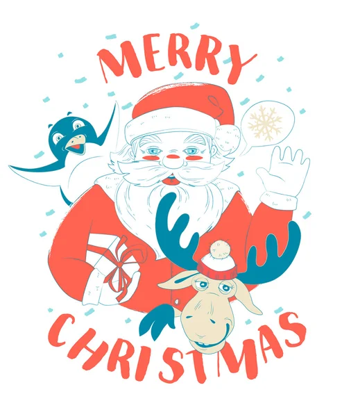 Grappige Merry Christmas card met Santa Claus houden de doos van de gift, pe — Stockvector