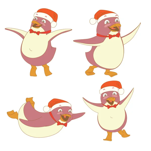 Funny set of penguin character wearing red Santa Claus hat (danc — Stock Vector