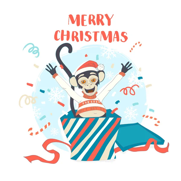 Funny Merry Christmas card with monkey jumping out of present bo — 스톡 벡터