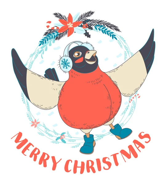 Festive Funny Merry Christmas card with bullfinch bird wearing e — Stockvector