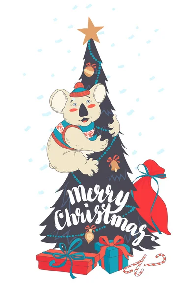 Funny Merry Christmas card with koala wearing cute sweater and h — Stock Vector