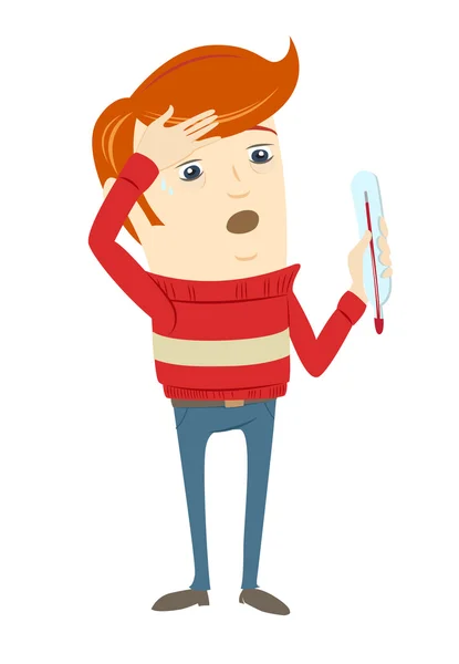 Frustrated hipster character holding a thermometer with high tem — Stockvector