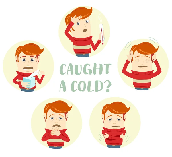 A set of characters with the symptoms of the common cold: cough, — Stockvector