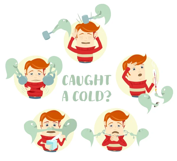 Un conjunto de personajes con los síntomas del resfriado común: tos , — Archivo Imágenes Vectoriales