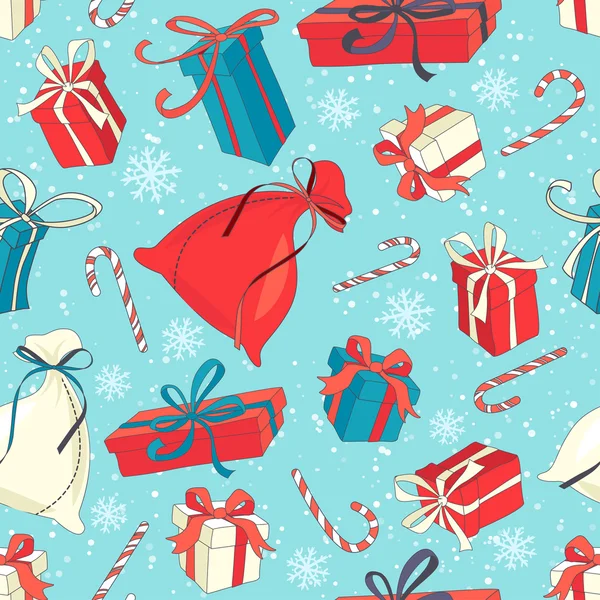 Funny Merry Christmas seamless pattern with gift boxes and candy — 图库矢量图片