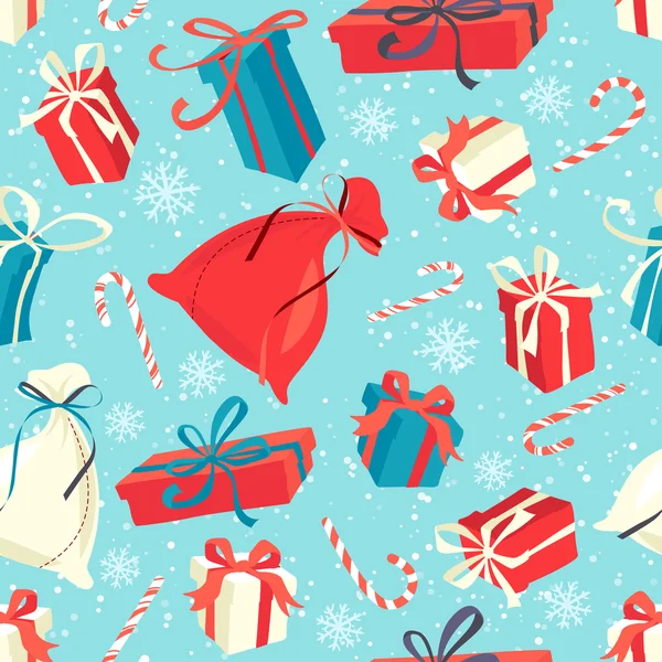 Patrón divertido Feliz Navidad sin costuras con cajas de regalo y dulces — Archivo Imágenes Vectoriales