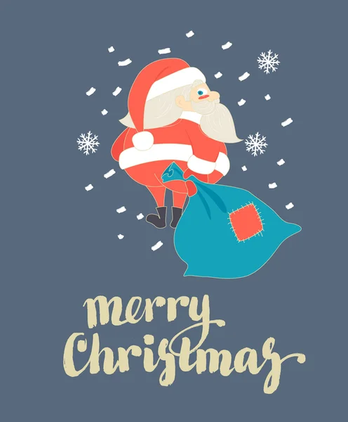 Cute Santa Claus walking with Christmas sack in snow. — 스톡 벡터