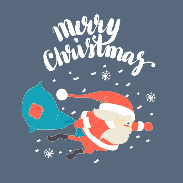 Cute Santa Claus Superman flying with Christmas sack in snow. — Stock Vector