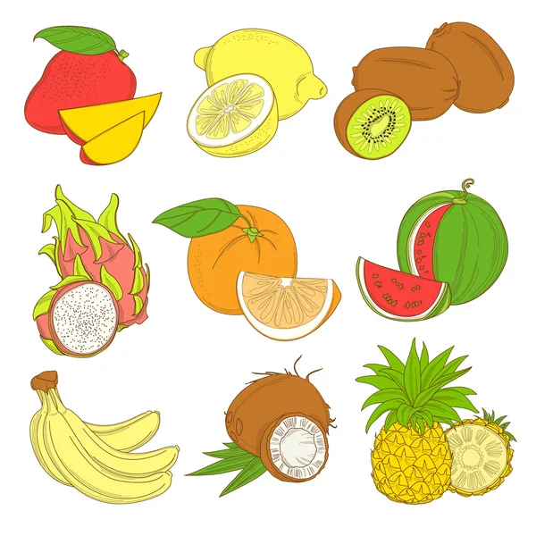 Outline hand drawn colorfull fruit set (flat style, thin line). Royalty Free Stock Illustrations