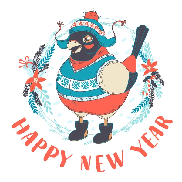 Веселая новогодняя открытка с птицей-бычком в руках — стоковый вектор