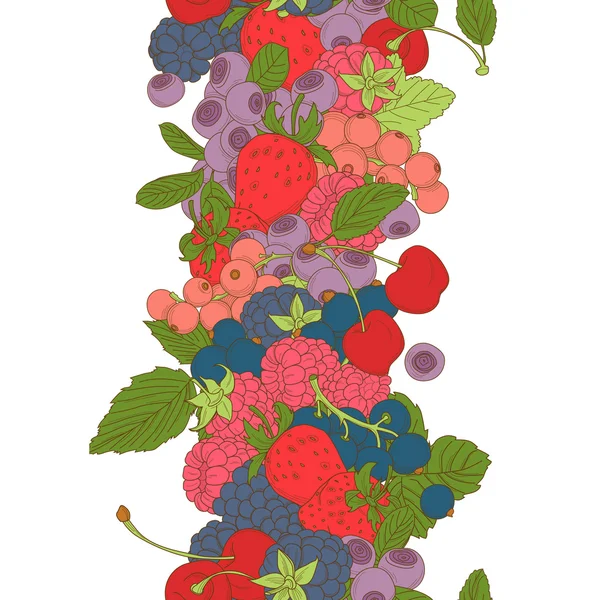 Berries mix seamless border frame of cherry, currant, blueberry, — ストックベクタ