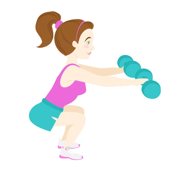 Söta fitness kvinna huk med tyngdlyftningsvikter — Stock vektor