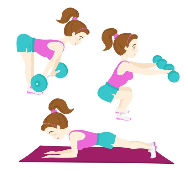 Set von niedlichen Fitness-Frau trainieren, Kreuzheben mit Langhantel, squ — Stockvektor