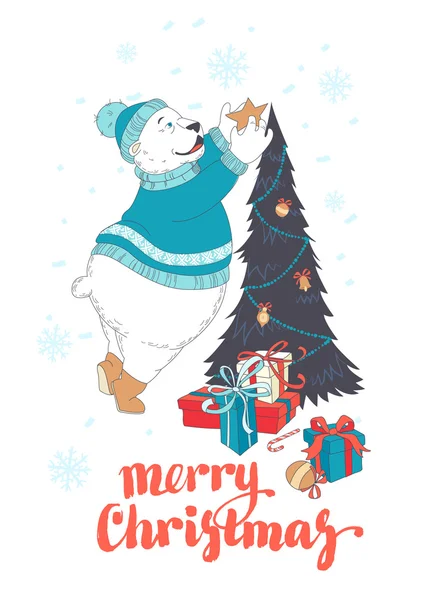 Lindo oso polar decorando árbol de Navidad — Vector de stock