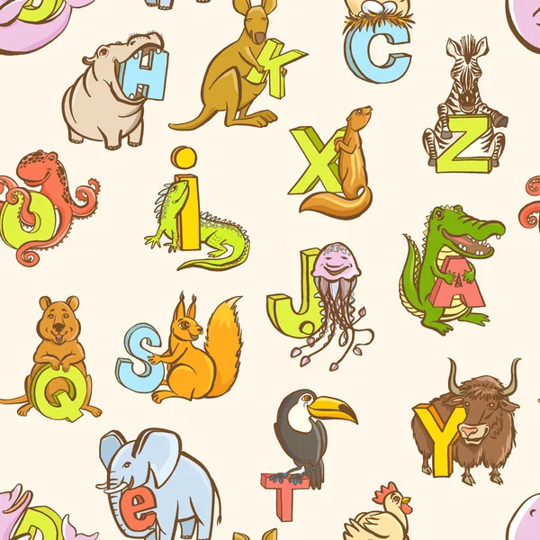 Engraçado zoológico animais criança alfabeto sem costura padrão. Mão desenhada — Vetor de Stock