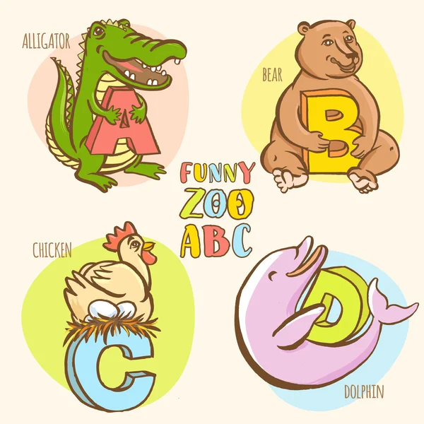 Funny zoo animals kid's alphabet. Hand drawn ink colorful style — Stock Vector