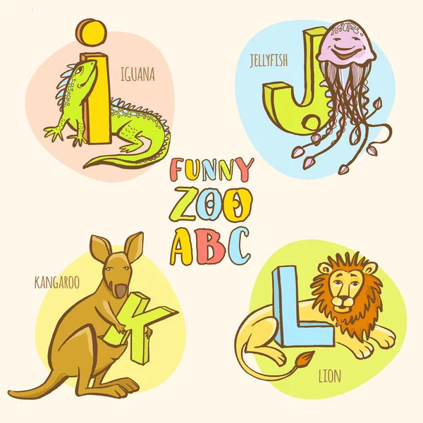 Funny zoo animals kid's alphabet. Hand drawn ink colorful style. — Stock Vector