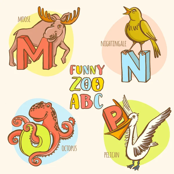 面白い動物園の動物の子供のアルファベット。描画されたインクのカラフルなスタイルを手します。. — ストックベクタ