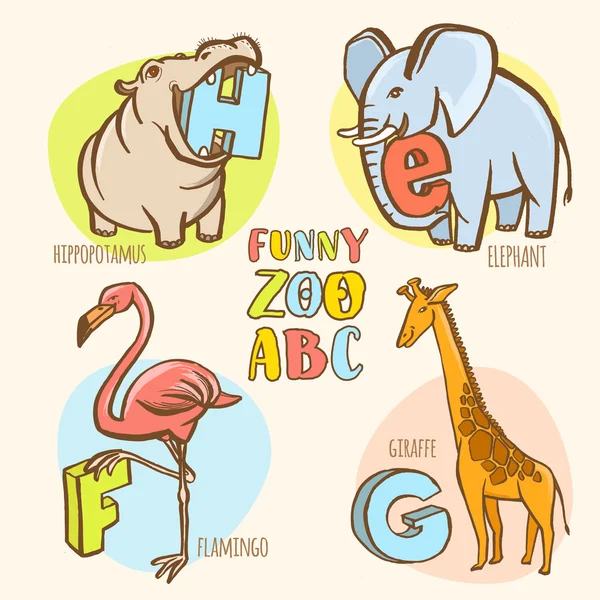 Funny zoo animals kid's alphabet. Hand drawn ink colorful style. — Stock Vector