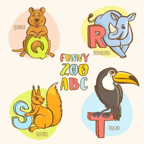 Funny zoo animals kid's alphabet. Hand drawn ink colorful style. — Stock Vector