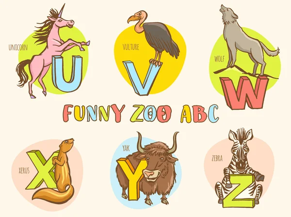 Funny zoo animals kid's alphabet. Hand drawn ink colorful style. — Stock Vector