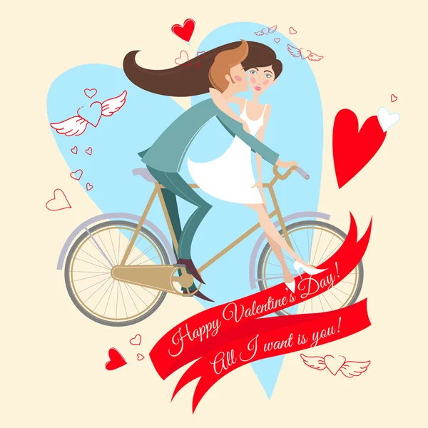 Loving couple on the bicycle. Valentine's day greeting card. — Stock Vector