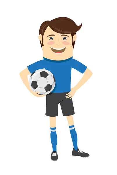 Joueur de football drôle portant bleu t-shirt debout holdi — Image vectorielle