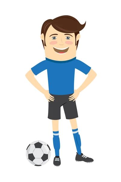 身穿蓝色 t 恤站在一起的有趣的足球足球运动员 — 图库矢量图片