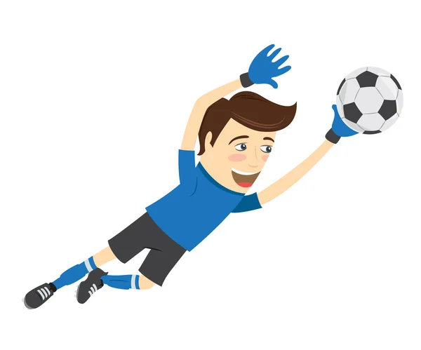Забавный футболист вратарь в синей футболке с джемом — стоковый вектор