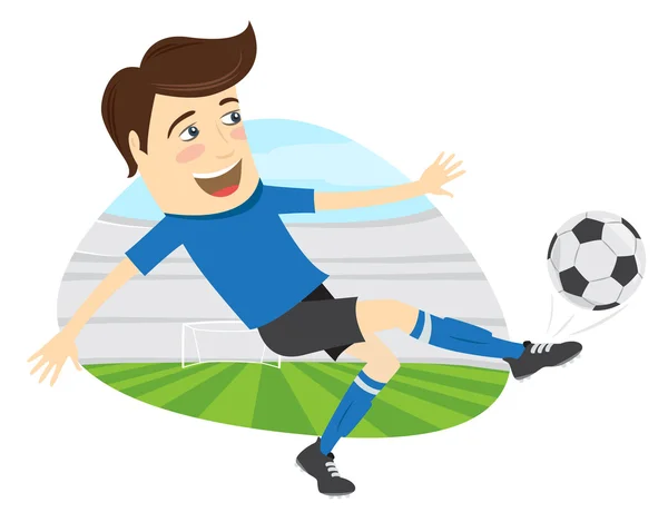 Funny soccer football player wearing blue t-shirt running kickin — Stock Vector