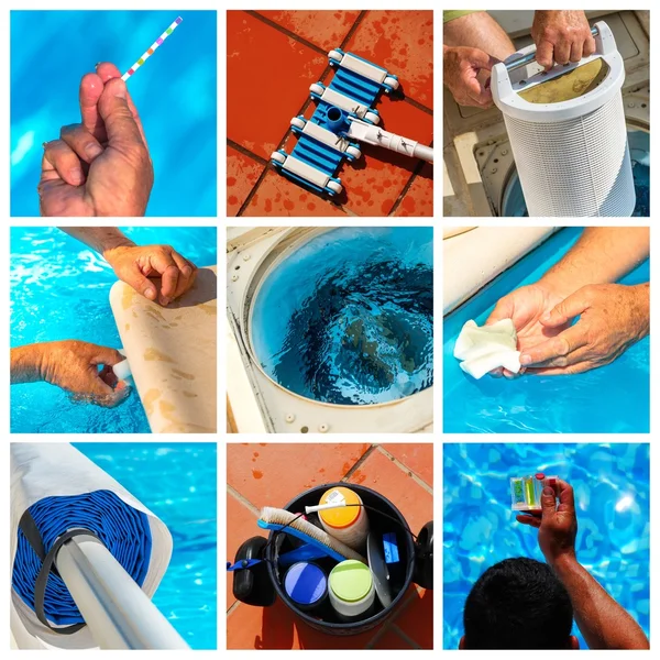 Collage maintenance of a private pool — Stock Photo, Image