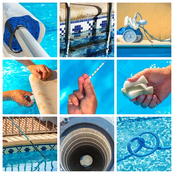 Collage underhåll av privat pool — Stockfoto
