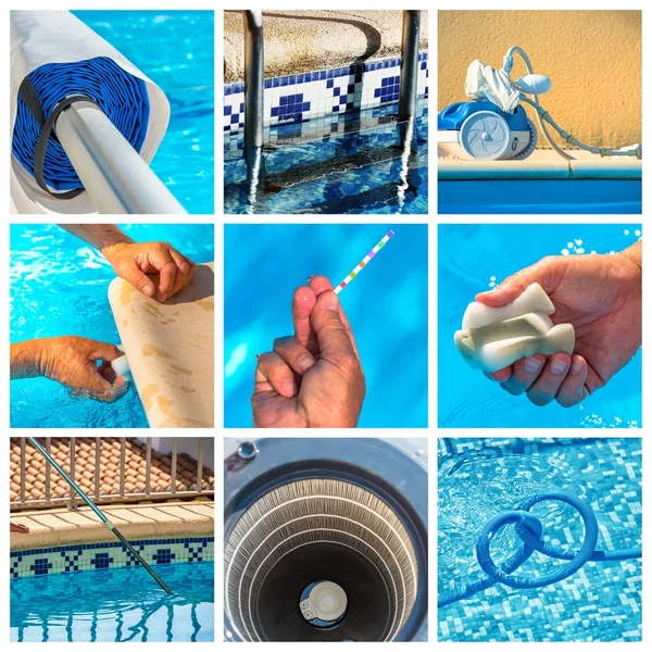 Collage maintenance of a private pool — Stock Photo, Image