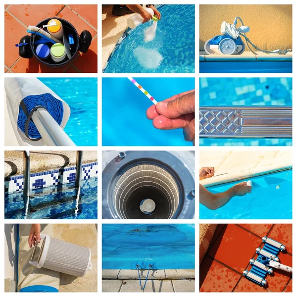 Collage maintenance of a private pool — Stock Photo, Image