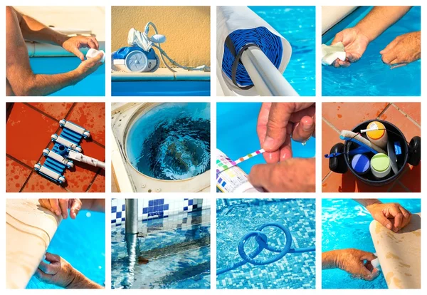 Collage maintenance of a private pool — Stock Photo, Image