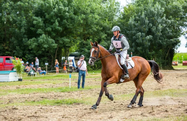 2016 年 7 月 29 日法国-圣西尔杜 Doret︰ 越野表现在奔马背上的骑手 — 图库照片