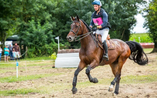 Saint Cyr du Doret, Frankrike - 29 juli 2016: Rider på hans galopperande häst under en terränglöpning manisfestation — Stockfoto