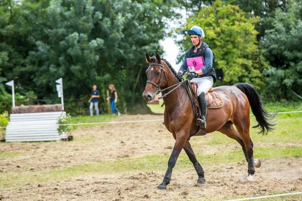 Saint Cyr du Doret, Frankrike - 29 juli 2016: Rider på hans galopperande häst under en terränglöpning manisfestation — Stockfoto