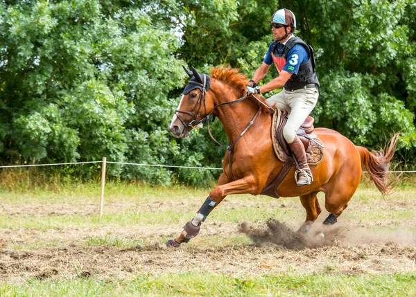 Saint Cyr du Doret, Francia - 29 de julio de 2016: Jinete en su caballo galopante durante una manisfestación a campo traviesa — Foto de Stock