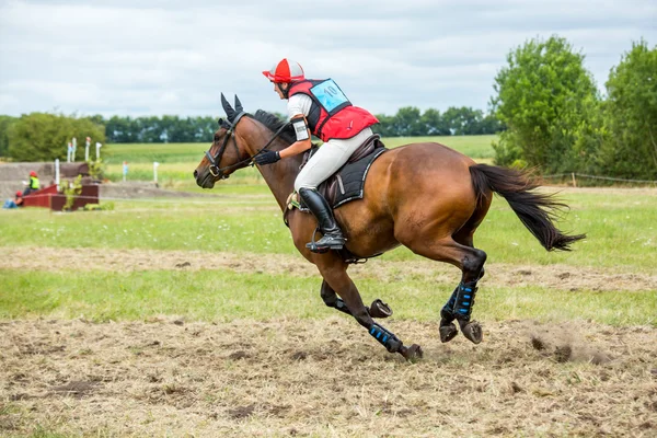 Saint Cyr du Doret, Frankrike - 29 juli 2016: Rider på hennes galopperande häst under en terränglöpning manisfestation — Stockfoto